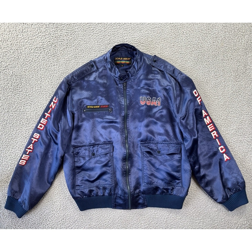 Vintage Style Auto Bomber Racing Jacket Mens XL USA-1 Nylon Satin Embroidered